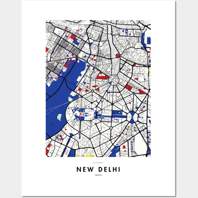 New Delhi (India) Map x Piet Mondrian Wall Art by notalizard